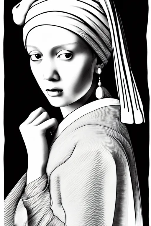 Image similar to beautiful portrait of a woman, negative no not the girl with a pearl earring, highly detailed ink illustration, b & w clean shaped illustration by kim jung gi, ric estrada, ron english and eiichiro oda