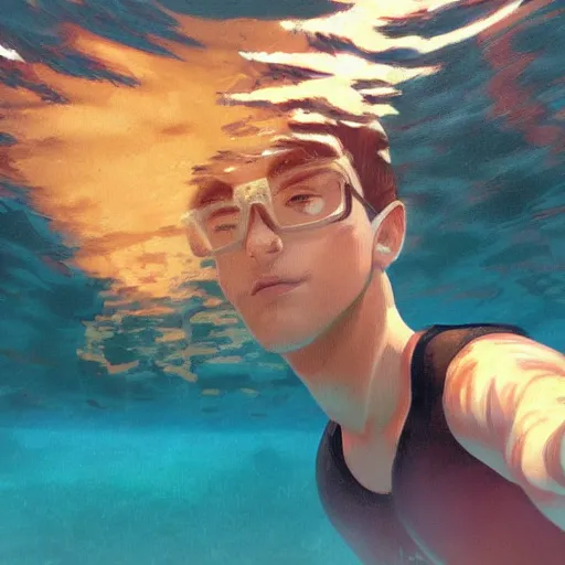 Prompt: painting of an underwater selfie from a brown haired male lifeguard. Kuvshinov ilya. Sakimichan.