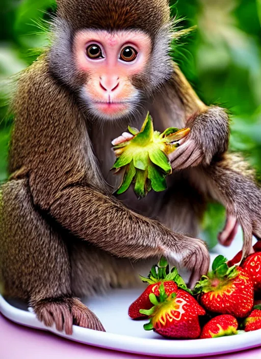 Image similar to Rabbit-capuchin hybrid eating strawberries from a tray. Bunny-monkey creature. Shot on iPhone. HD digital photography.