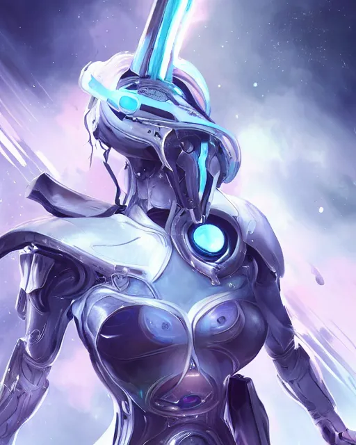 Image similar to perfect android girl on a mothership, warframe armor, beautiful face, scifi, futuristic, galaxy, nebula, raytracing, dreamy, digital painting, long white hair, blue cyborg eyes, sharp focus, intricate, highly detailed, artstation, intricate, innocent, art by gauthier leblanc, kazuya takahashi, huifeng huang