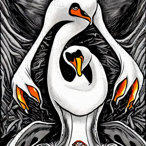 Image similar to evil swan, gritty horror illustration, highly detailed and disturbing