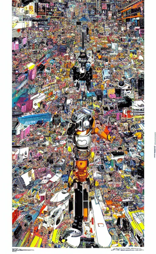 Image similar to a detailed,clear and colorful illustration of the end of human species surpressed by artificial intelligence in style of katsuhiro otomo