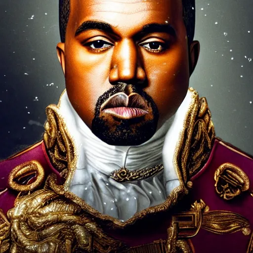 Image similar to Portrait of Kanye West as emperor napoleon, amazing splashscreen artwork, splash art, head slightly tilted, natural light, elegant, intricate, fantasy, atmospheric lighting, cinematic, photo realistic