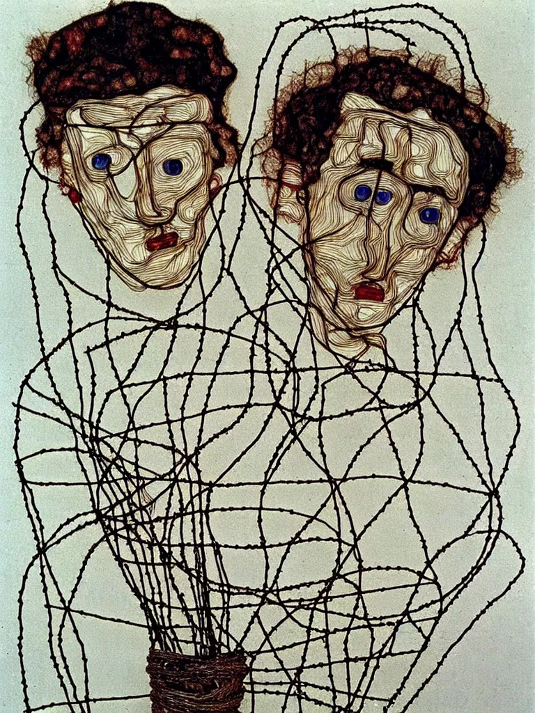 Prompt: wire art by egon schiele