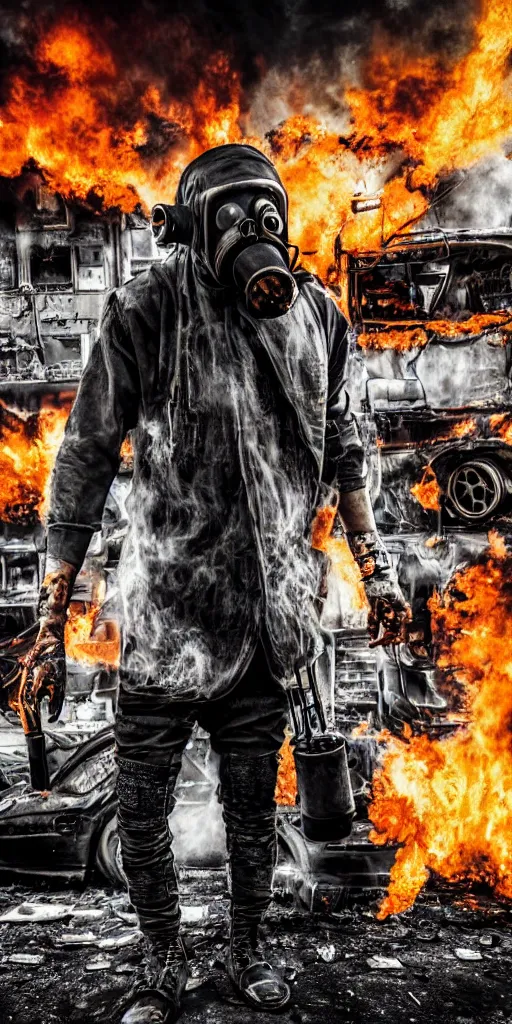 Image similar to post - apocalyptic city streets, close - up shot of an anarchist with a gasmask, burned cars, explosions, colorful smoke, hyperrealistic, gritty, damaged, dark, urban photography, photorealistic, high details