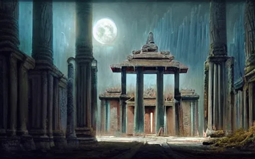 Image similar to beautiful hyperrealistic epic painting of the mysterious intricate ruins of a temple from an advanced alien civilization under the crescent moon, by hubert robert and lee madwick and bastien lecouffe deharme, dramatic lighting