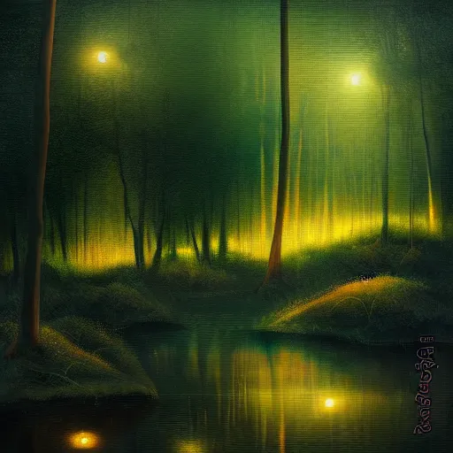 Image similar to lake, forest, night, fog, trees, glowing fireflies, moonshine, volumetric lighting, canvas, oil paint