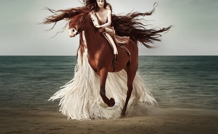 Image similar to an editorial in Vogue of a female model riding a horse along a beautiful beach, long hair and floating dress in the wind, by Peter Lindberg, etheral, dramatic, 8k, ultra detailed digital art