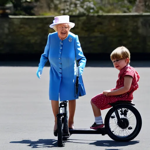 Image similar to queen elizabeth riding a tiny tricycle, color photograph, f8, dramatic angle