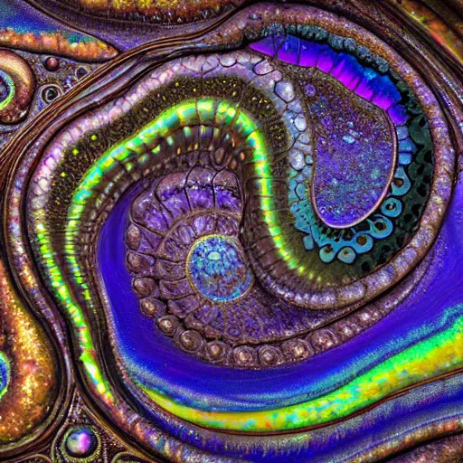 Prompt: Art Nouveau cresting oil slick waves, hyperdetailed bubbles in a shiny iridescent oil slick wave, ammolite, geode, detailed giant opalized ammonite shell, black opal, abalone, paua shell, ornate copper patina medieval ornament, rococo, organic rippling spirals, octane render, 8k 3D, druzy geode, cresting waves and seafoam
