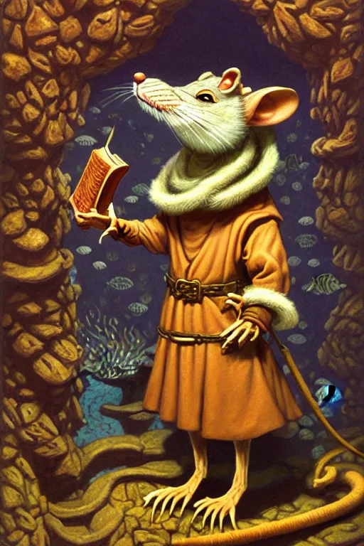 Prompt: classic oil painting, an anthropomorphic bipedal rat that is dressed as a medieval librarian, as a d & d character, standing under the sea, cottagecore, extremely detailed, digital illustration, concept art, readability, smooth, sharp focus, art by tim hildebrandt, and greg hildebrandt