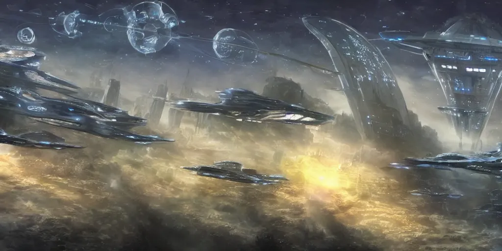 Prompt: future forest city attacked by spaceship, star trek, concept art, ice mist, glory war,