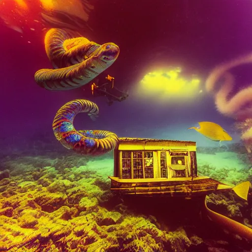 Prompt: dreamlike film photography of a 1920s wooden gas station at night underwater in front of colourful underwater clouds by Kim Keever. In the foreground floats a seasnake. low shutter speed, 35mm