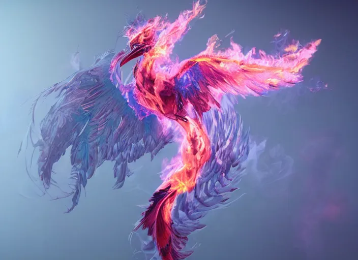 Image similar to pink and blue flaming phoenix, unreal engine 5, intricate, detailed, realistic