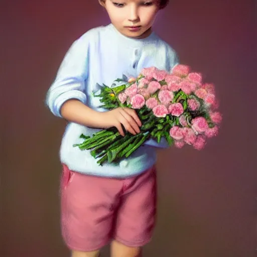 Image similar to a young boy is holding a bouquet of flowers, a pastel by bourgeois, pixabay, art & language, stockphoto, ilya kuvshinov, vray