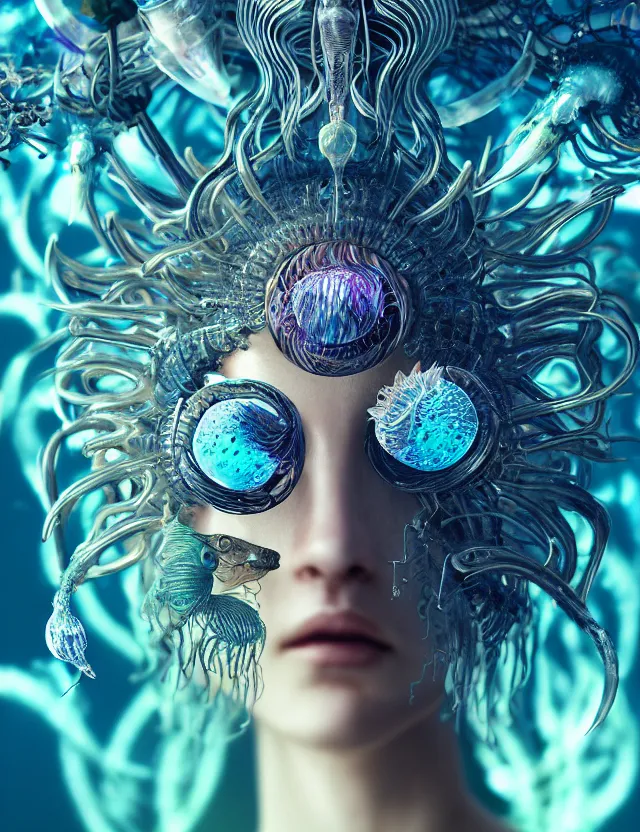 Image similar to goddess macro close - up portrait in crown made of ram skull. betta fish, jellyfish phoenix, bioluminiscent, plasma, ice, water, wind, creature, super intricate ornaments artwork by tooth wu and wlop and beeple and greg rutkowski