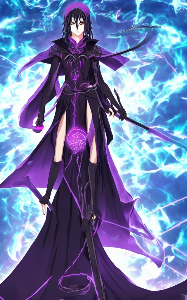 Image similar to an attractive anime female necromancer mage symmetrical, donned in black cloak with purple staff full body in frame