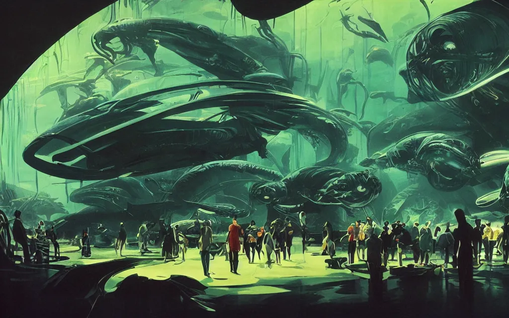 Prompt: close - up view of human silhouettes watching a giant dark sci - fi alien sea creature with big glowing eyes in a giant futuristic fish tank aquarium, deep green and blue colors, highly detailed science fiction painting by syd mead, roger dean, and moebius. rich colors, high contrast, cosmic black background. unreal engine, artstation.