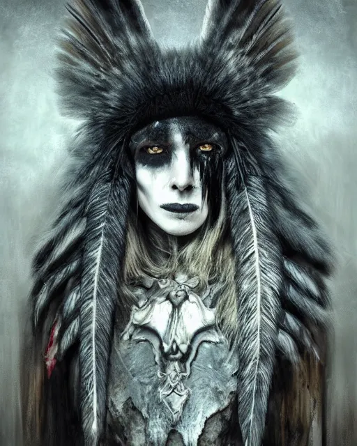 Image similar to wolf - human ghost - spirit of the grim - warpaint wears the scarlet skull armor and native blood headdress feathers, midnight fog - mist!, dark oil painting colors, realism, cinematic lighting, various refining methods, micro macro autofocus, ultra definition, award winning photo, photograph by ghostwave - gammell - giger - shadowlord