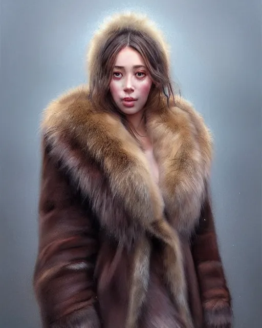 Image similar to a beautiful siberian girl with bear fur coat and decollete | | realistic shaded, unpleasant face, bad looking, fine details, realistic shaded lighting poster by greg rutkowski, magali villeneuve, artgerm, jeremy lipkin and michael garmash and rob rey