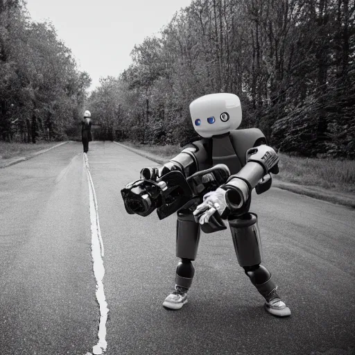 Prompt: Eliezer Yudkowsky being chased by a robot, movie still, DSLR 50mm