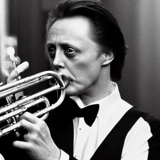 Prompt: Christopher Walken playing a trumpet with his ear