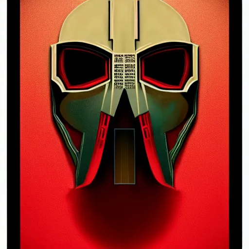 Image similar to portrait of mf doom, dr. doom metal steel mask, dark skin underneath. red t - shirt, beige complex background, intricate, elegant, highly detailed, digital painting, artstation, concept art, smooth, sharp focus, illustration, by anato finnstark, boissb - blanca. j, cindy avelino, clint cearley, anna podedworna