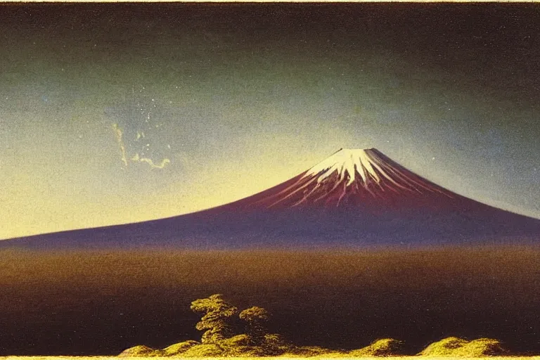 Image similar to a comet over mount fuji, painted by albert bierstadt