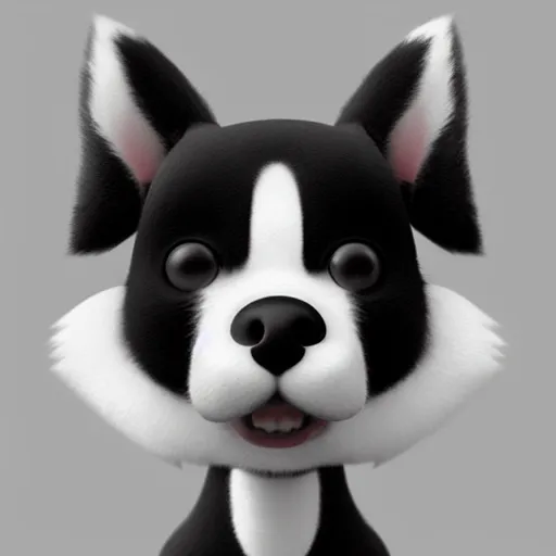 Image similar to Goro Fujita illustrating a beautiful black and white fluffy dog, with big ears on a plain background, art by Goro Fujita, sharp focus, highly detailed, ArtStation