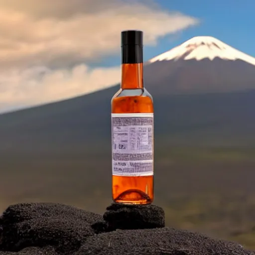 Image similar to symmetrical photo of small bottle standing, volcano background