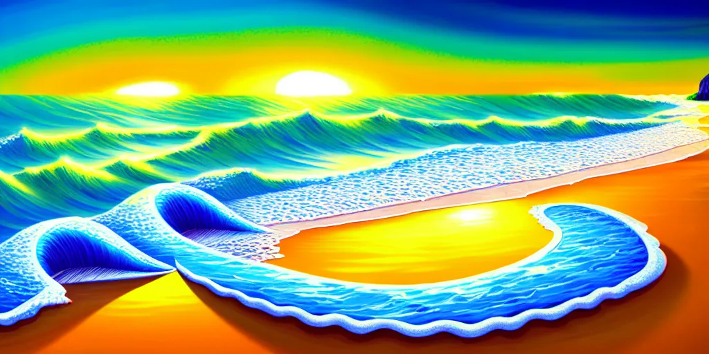 Image similar to a beach shaped like a singing mouth, the waves are made is musical notes, one wave is shaped like the mouths tongue, very colorful painting 8 k trending on art station, intricate details, very realistic, cinematic lighting, volumetric lighting,