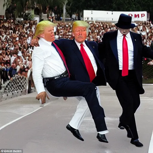 Prompt: Donald Trump wearing a moonwalking Michael Jackson as a hat