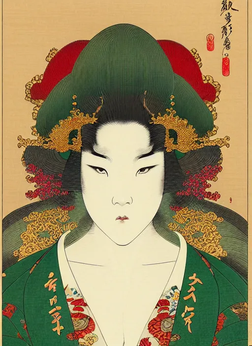 Image similar to a beautiful ukiyo - e portrait of a beautiful elven queen with long red hair, wearing green, red and gold ornate dress, golden intricate crown. detailed symmetrical close up portrait, intricate complexity, concept art, by takato yamamoto, wlop, krenz cushart. cinematic dramatic atmosphere, sharp focus