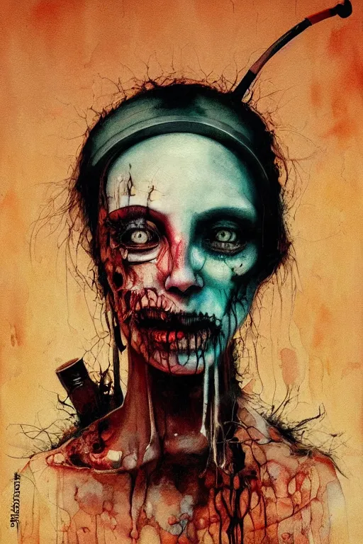 Image similar to watercolor cartoon grunge portrait of a creepy horror nurse girl . intricate abstract. intricate artwork. nightmare fuel. terrifying. by zdzisław Beksiński, wlop, dan mumford , trending on artstation, greg rutkowski very coherent symmetrical artwork. cinematic, hyper realism, high detail, octane render, 8k