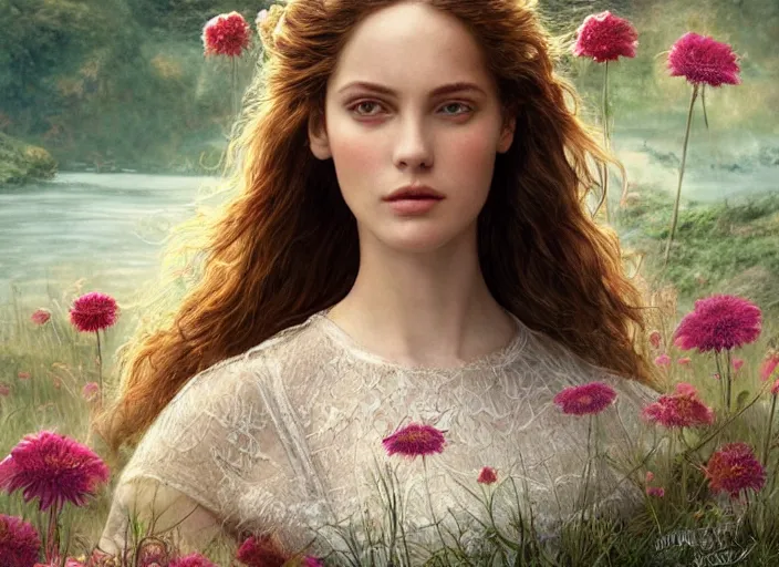 Prompt: portrait of a beautiful women with wings of lace in a lord of the rings scenery landscape, symmetrical body, face by artgerm, river, tall flowers, sunny day, highly detailed, perfect lighting, perfect composition, 4 k, by alan lee, by derek zabrocki, by greg rutkowski