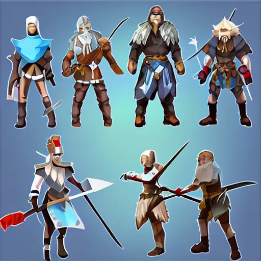 Prompt: Set of high quality HD sprites, low poly, arrows, bows, swords, axes, etc.