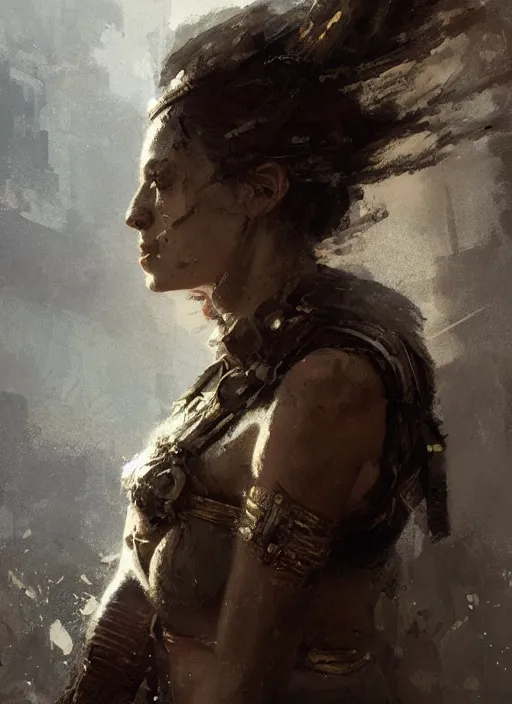 Image similar to female warrior girl, beautiful face, rule of thirds, intricate outfit, spotlight, by greg rutkowski, by jeremy mann, digital painting