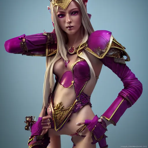 Image similar to portrait of a beautiful female high elf, tan skin, magenta eyes 3 d octane render trending on art station 8 k