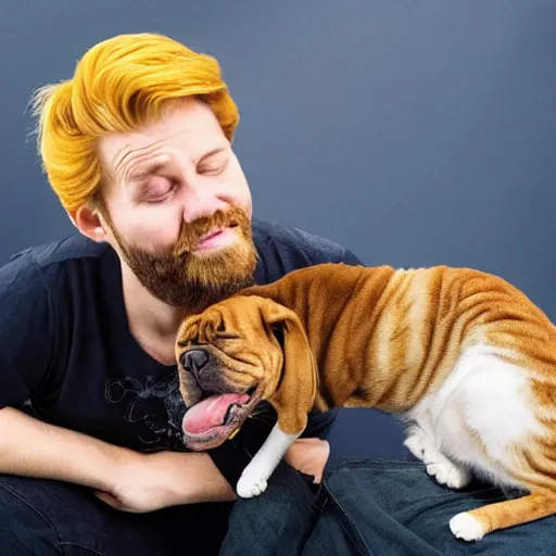 Prompt: a photo of a blond man with a beard, with an unhappy Garfield the cat at his left side and an unhappy boxer dog at his right side