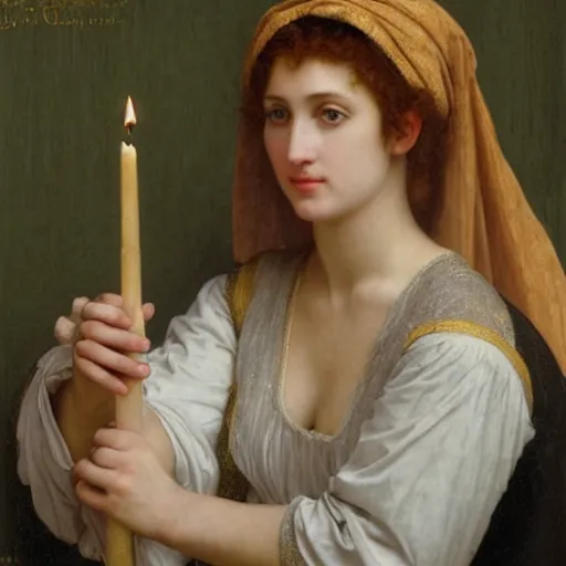 Prompt: a renaissance oil painting portrait by alma tadema of a holy divine prophet beautiful saint blonde woman, dark lit candles, colourful pastel, detailed academic bouguereau, sharp focus, high contrast studio lighting