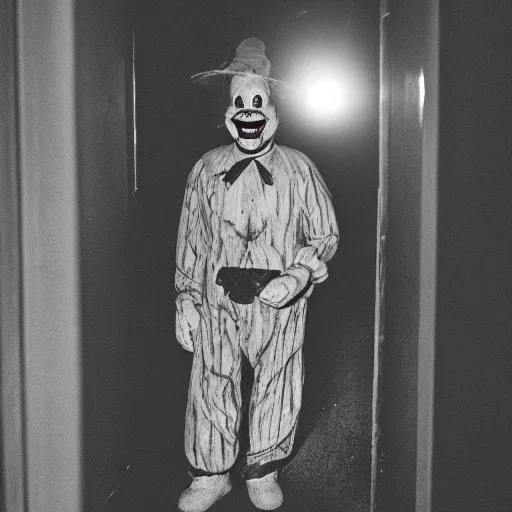 Prompt: a creepy clown with an unnatural smile from a horror movie, it is deformed and is staring at the camera from the end of a dark liminal hallway. caught on vhs, film grain, flashlight lighting, dead space,