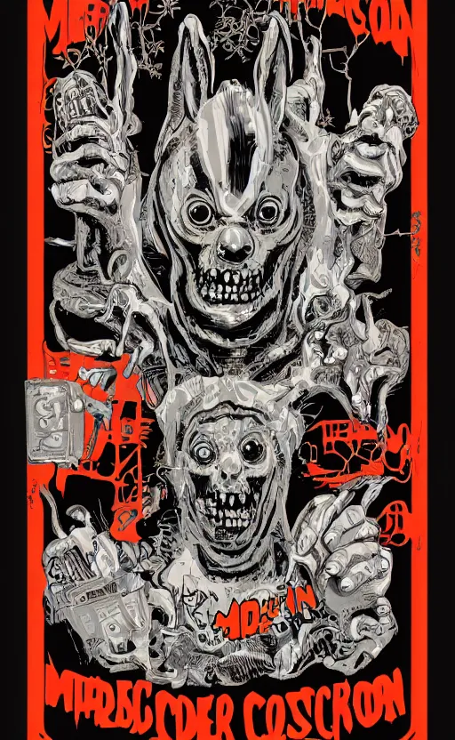 Image similar to 8 k cursed with necronomicon horrorcore cel animation poster depicting easter bunny, intricate faces, metropolis, 1 9 5 0 s movie poster, post - processing, vector art