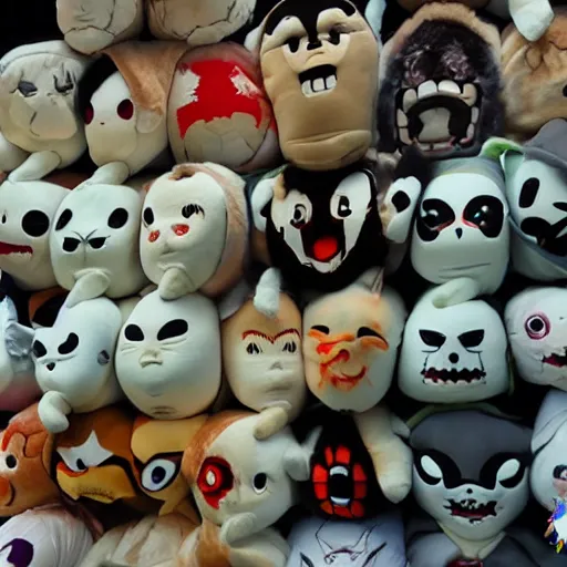 Prompt: haunting plushies being sold at an amusement park, devilish, nightmare - fuel, scary, cursed, evil, dark