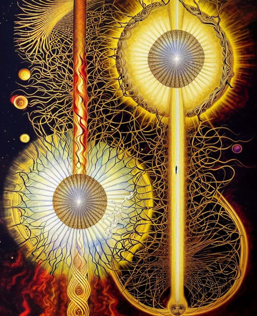 Image similar to a golden child radiates a unique canto'as above so below'while being ignited by the spirit of haeckel and robert fludd, breakthrough is iminent, glory be to the magic within, in honor of jupiter's day, painted by ronny khalil