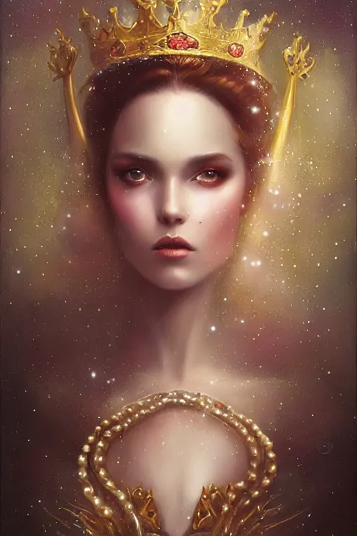 Prompt: Gold Crown with iridescent pearls, jewels, other worldly, rococo, by Anato Finnstark, Tom Bagshaw, Brom