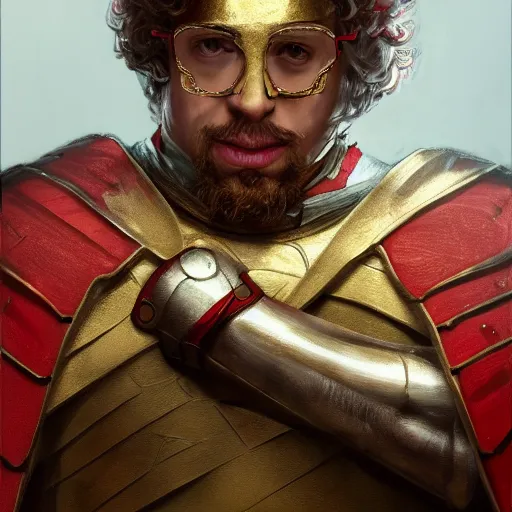 Image similar to Sam Hyde as a Roman warrior wearing gold and red armor, elegant suit, looking at bloody fist, portrait art by James Jean, highly detailed, digital painting, concept art, illustration, dim lighting with twilight rays of sunlight, trending on artstation, very detailed, smooth, sharp focus, octane render, close up