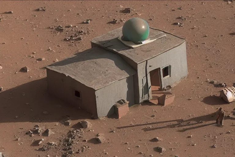 Image similar to an old rickety Soviet village house stands alone on Mars next to which a local resident stands and waves his hand, colourful