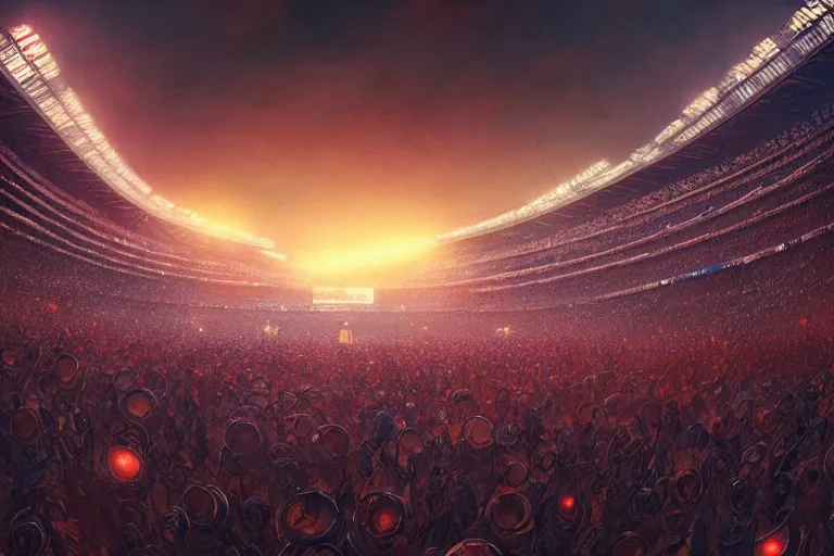 Image similar to detailed intricate digital illustration by greg rutkowski and artgerm and wlop and sanford robinson gifford ; on the field of a modern stadium full of 3 0 0 thousand people, bright stadium lights, night, open roof ; 1 3 mm film, arri alfa anamorphic lens, fisheye wide angle ; sharp focus ; trending on artstation 8 k