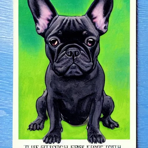 Prompt: black french bulldog, tarot card