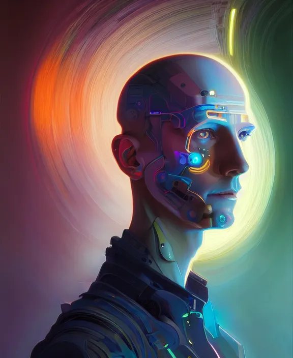 Image similar to a whirlwind inside the metaverse, guy, male, man, hologram, half body, neurochip, android, cyborg, cyberpunk face, by loish, d & d, fantasy, intricate, elegant, highly detailed, colorful, digital painting, artstation, concept art, art by artgerm and greg rutkowski and alphonse mucha